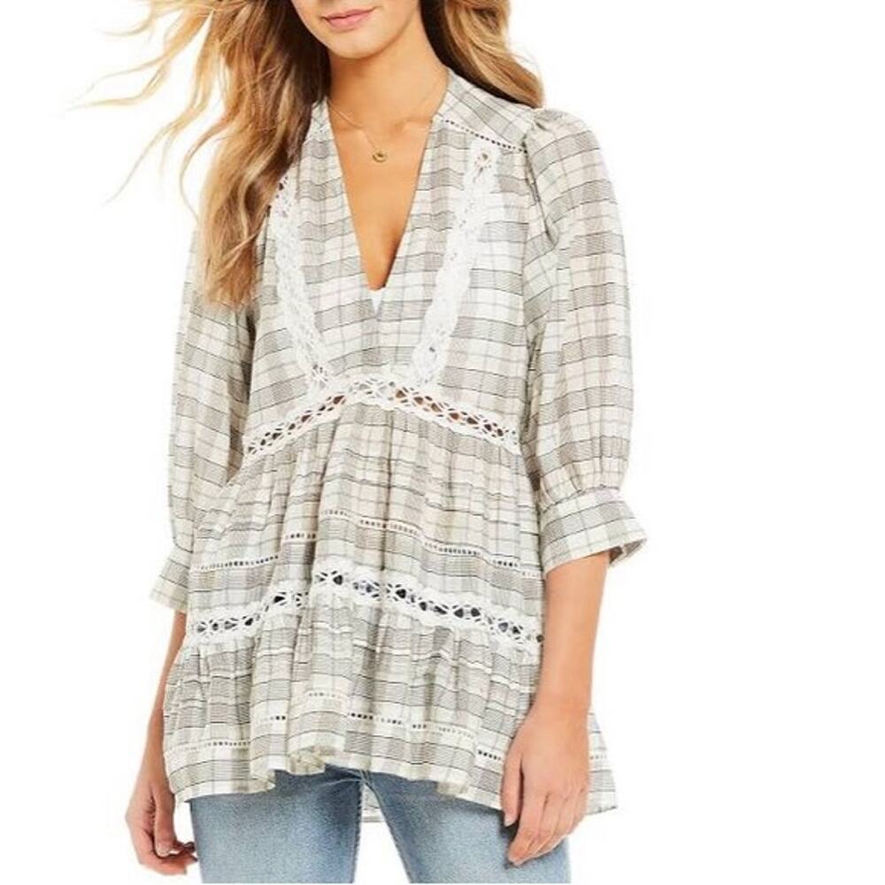 New FREE PEOPLE Time Out Boho Lace Plaid Tunic NWT Small Black/ White